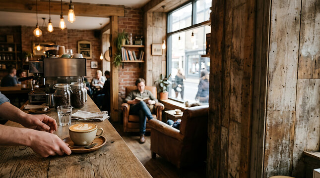 Barista serving fresh latte in a cozy rustic coffee shop