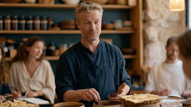 A fermented foods chef demonstrating tepache brewing to a workshop group in a rain-soaked urban culinary studio, pineapple rinds and piloncillo measured into clay pots as students