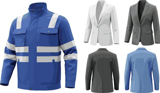 Workwear and Business Blazer Collection with Safety Jacket Formal Suit Front and Back Views Illustration