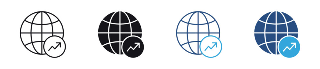 Obraz premium Global Finance Growth Icon. Upward growth symbol with globe representing financial expansion, economic progress, and international business. Vector illustration.