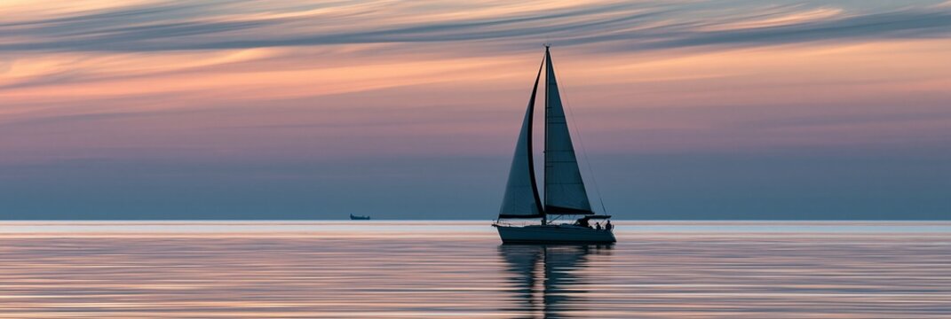 Medium shot of a lone sailboat silhouette gliding peacefully on a calm ocean under pastel dawn skies soft featherlight clouds streaking the horizon with gentle watercolor light