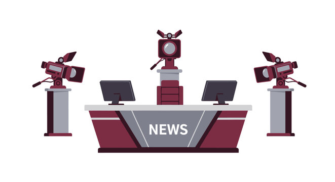Modern TV News Broadcast Studio Interior Illustration with Professional Cameras, Desk, and Monitors on White Background