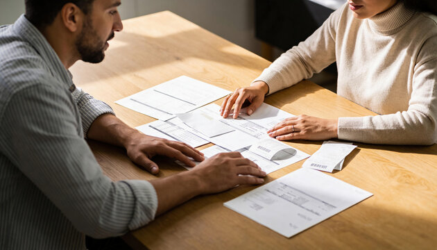 Young Caucasian couple sitting together at a wooden table carefully reviewing financial documents bills and receipts, domestic budget planning and financial stress lifestyle concept horizontal