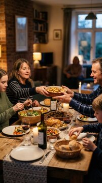 Caucasian family gathering around a rustic wooden dinner table at home sharing food and passing dishes by candlelight in a cozy warm interior, authentic family lifestyle concept vertical