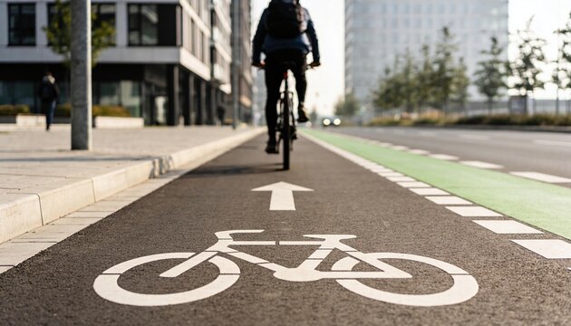 Close-up of a painted bicycle symbol on a dedicated asphalt bike lane in a modern European city street with a cyclist commuting in soft morning light in the background, horizontal
