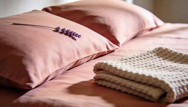 Close-up of soft dusty rose pink linen bedsheets with a sprig of lavender on the pillow and a folded cream knitted throw blanket, elegant bedroom and home decor concept horizontal