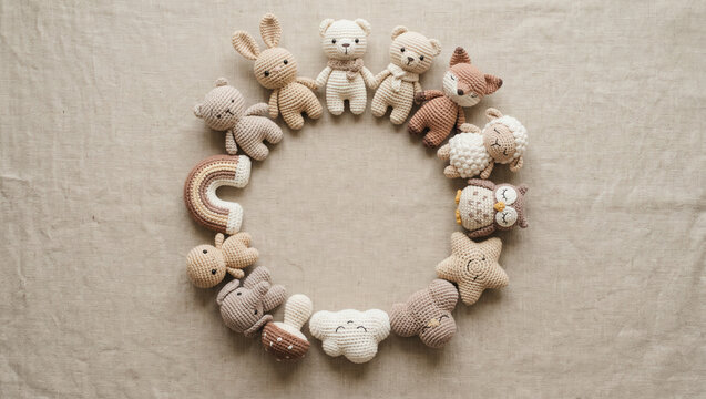 Flat lay of soft handmade crochet amigurumi animal toys arranged in a circular frame on natural beige linen with empty center copy space, Montessori inspired baby shower gift concept horizontal