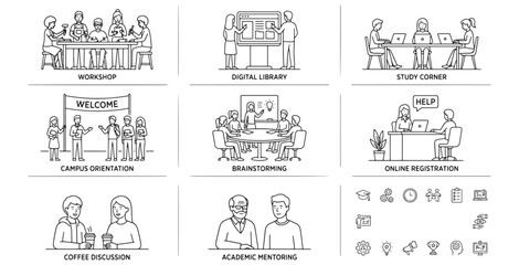 Fototapeta premium Line art illustrations of campus activities, educational settings, student life, and group interactions, simple clean style.