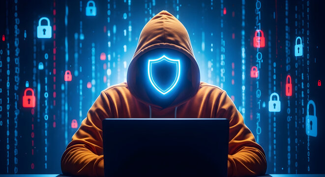 Cybersecurity hacker in hoodie with glowing shield mask, anonymous programmer using laptop against digital binary code background, data protection concept