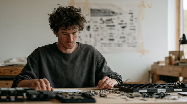 Industrial product designer arranges disassembled circular economy modular phone components on a reclaimed wood studio table, exploded-view assembly diagram taped to the wall,