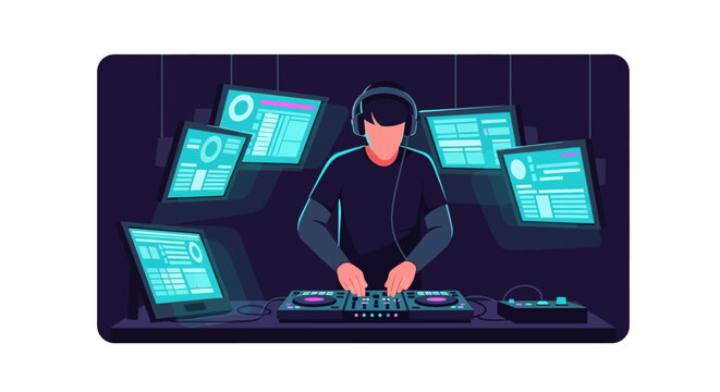 Modern Vector Illustration of a Professional DJ Mixing Electronic Music on Digital Controller with Multiple Monitors in a High-Tech Studio or Nightclub Environment