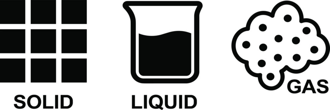 Three states of matter icons representing solid liquid and gas black silhouettes isolated on plain white background for school science educational chemistry templates