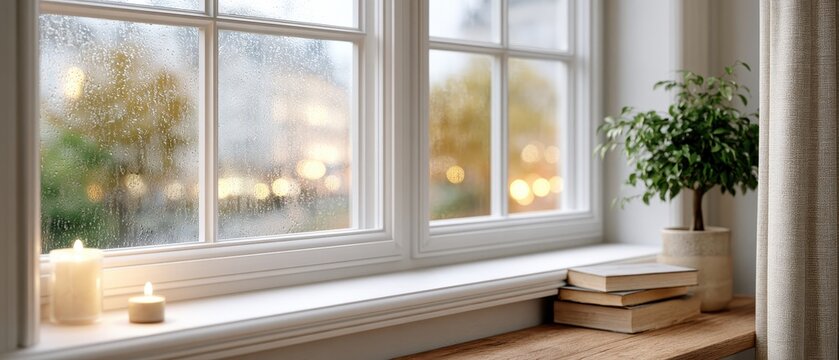 A windowpane covered in raindrops blurs city lights outside
