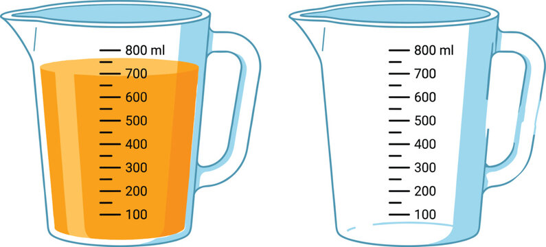 Two measuring jugs with one filled with orange liquid volume capacity isolated on plain white background for school mathematics education template