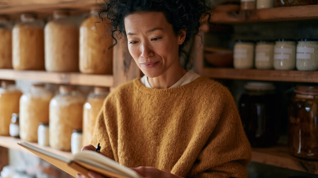 Home fermentation enthusiast tending rows of bubbling kombucha vessels and labeled kefir jars on wooden shelving in a warm basement corner, recording batch dates in a logbook for