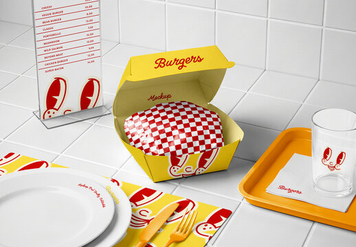 Restaurant Branding Mockup Set With Food Box Menu Stand Tray And Cups