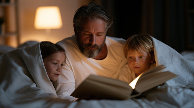 Father reads aloud from a thick hardcover book to two children tucked under blankets in a dim bedroom, his reading lamp casting a warm circle of light, both children lying on