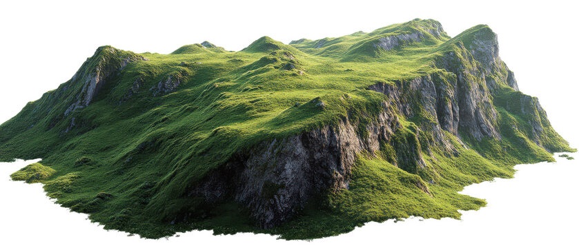 Lush green mountain plateau with rocky cliffs isolated