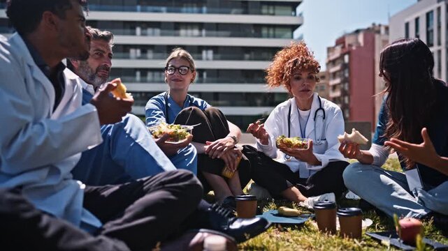 Team of doctors and nurses eating lunch together outside a hospital