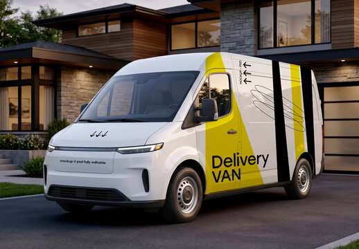 Electric Delivery Van Mockup With Vehicle Wrap In Outdoor Residential Scene