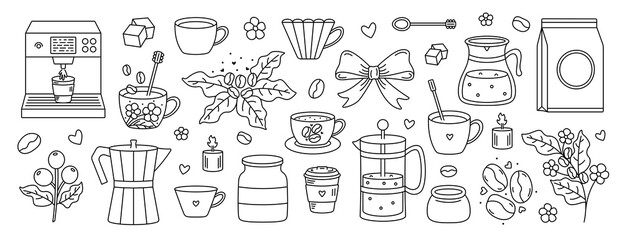 Fototapeta premium Coffee doodle line set with cozy cafe elements and cute beverage icons. Editable stroke vector collection featuring brewing accessories, takeaway cups, coffee beans, desserts and decorative details