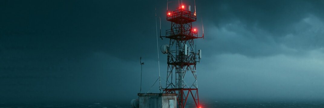 Windswept communication tower by the sea with salt corrosion and glowing safety lights captured from a low angle to emphasize the stormy horizon and moody atmosphere
