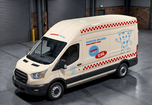 Cargo Van Mockup Full Vehicle Wrap In Industrial Warehouse Setting