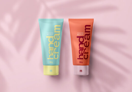 Cosmetic Tube Set Mockup Flat Lay Pair With Leaf Shadow Overhead
