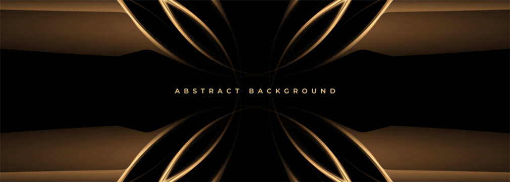 Black and gold abstract background showcasing flowing metallic ribbons and subtle glow, luxury atmosphere with satin gradients, elegant curves, and opulent texture perfect for gala invitations
