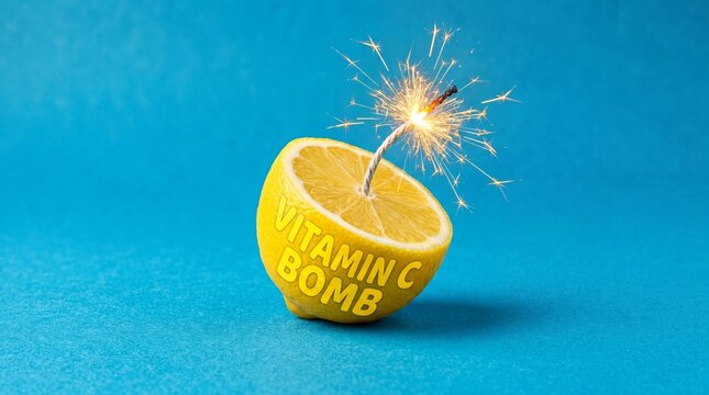 Creative juicy lemon bomb with wick and sparks on a blue background, creative.