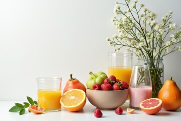Fototapeta premium Colorful Assortment of Fresh Fruits, Juices, and Blossoms for Healthy Living