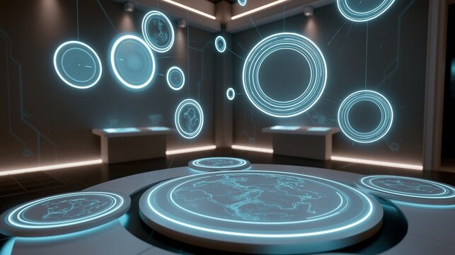 Medium shot of an augmented reality museum sign with glowing neon icons floating above interactive map placeholders set against dark neutral walls with subtle tech accents