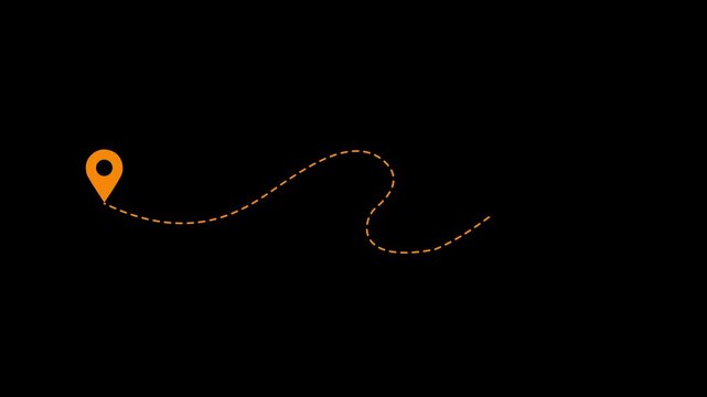 Animated dashed route line leading to map pin location on dark background. White navigation path with arrow and destination marker. Minimal travel and map concept. GPS and logistics icon design. 4k