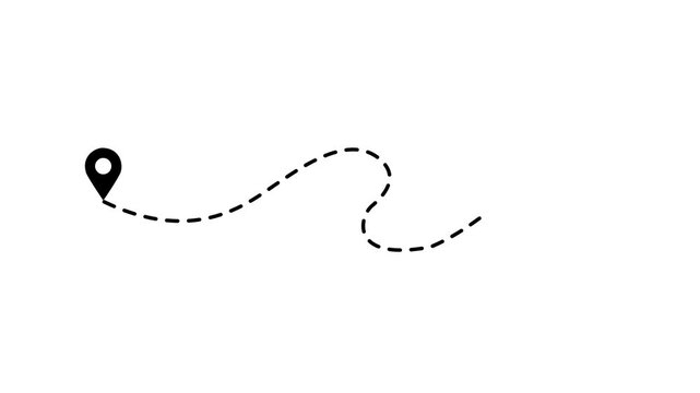 Animated dashed route line leading to map pin location on dark background. White navigation path with arrow and destination marker. Minimal travel and map concept. GPS and logistics icon design. 4k
