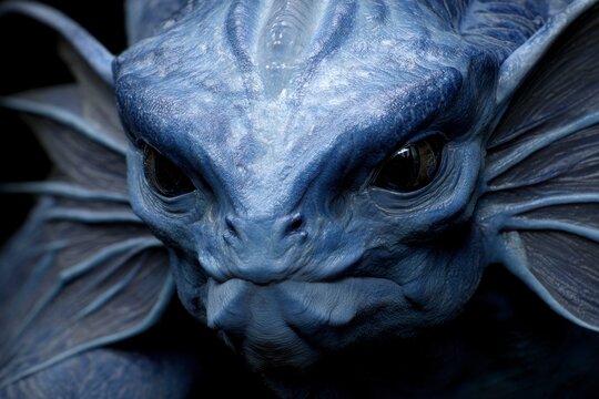 a creature with bat-like wings and fish-like eyes, deep blue skin color.