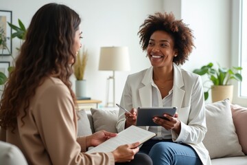 Fototapeta premium Two smiling women discussing documents and technology in a modern office lounge