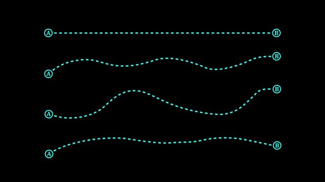 Multiple route paths A to B navigation journey system dotted direction lines vector design animation.4k motion graphics video animation