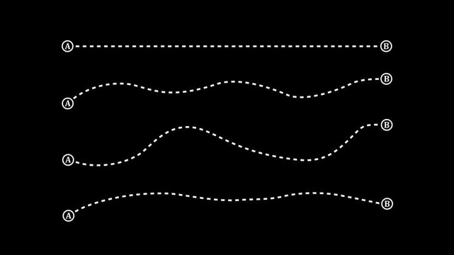 Multiple route paths A to B navigation journey system dotted direction lines vector design animation.4k motion graphics video animation