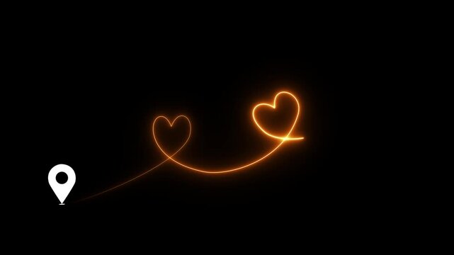 Glowing neon line love heartbeat Curved dotted line with heart shapes, romantic arrow path, love trail design, decorative swirl line.4k motion graphics video animation
