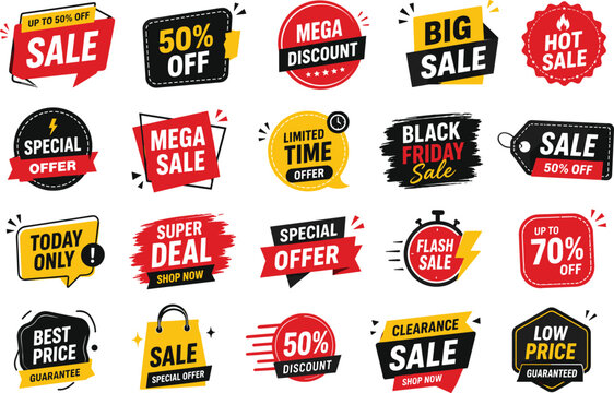Set of various sale and discount offer tags with diverse shapes and percentage reductions for marketing banners.