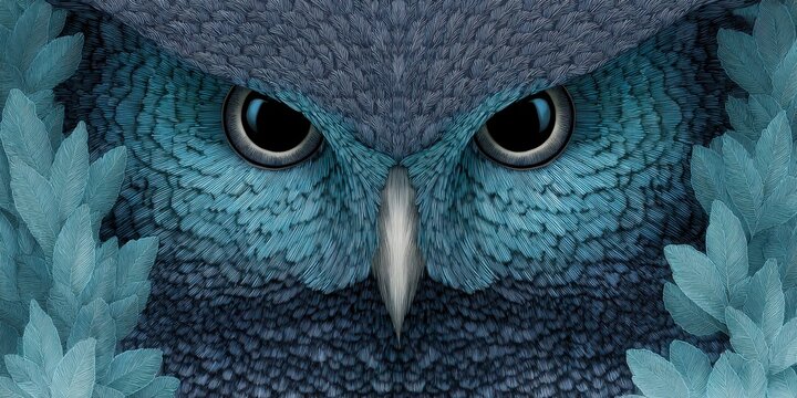 an intricate owl art in turquoise and brown, with detailed feathers and piercing eyes, showcasing the beauty of nature avian creatures.