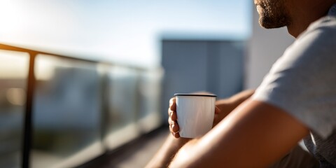 Obraz premium Close-up of a man holding a coffee cup on a sunny balcony. Relaxing morning break in the city