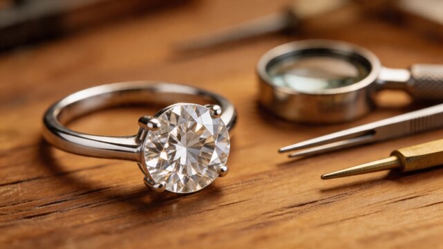 A diamond ring and jewelry tools on a wooden workbench, used for assessment and risk management in the jewelry industry, showcasing luxury and precision craftsmanship.