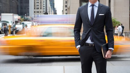 Well-composed businessman in a classic gray suit with navy tie stands confidently on a city sidewalk holding a portfolio, with a vivid yellow taxi blurring past in dramatic motion behind him. © olga_demina