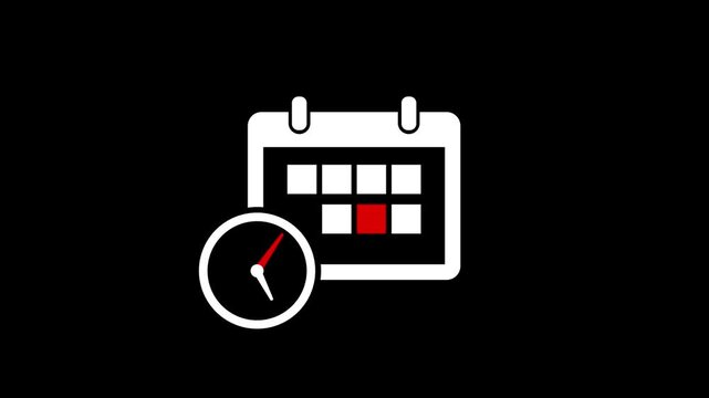 Calendar and clock icon animation on Black background. Abstract clock and calendar animation. Animated date calender icon concept 4k