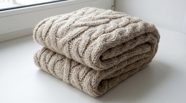 Folded chunky cable-knit wool scarf on white surface