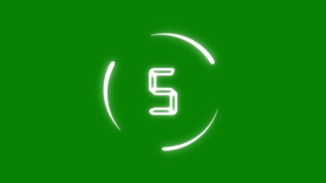 Green screen white neon digital countdown timer from ten to one with circular energy ring for cyberpunk gaming intro video editing chroma key overlay seamless loop 4k motion design