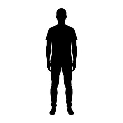 Man silhouette stands in a neutral front facing position against a clean white background surface. © RanaMuhammad