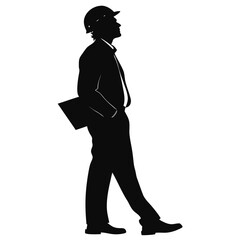 Engineer wearing a hard hat stands looking upward while holding a technical plan or document. © RanaMuhammad