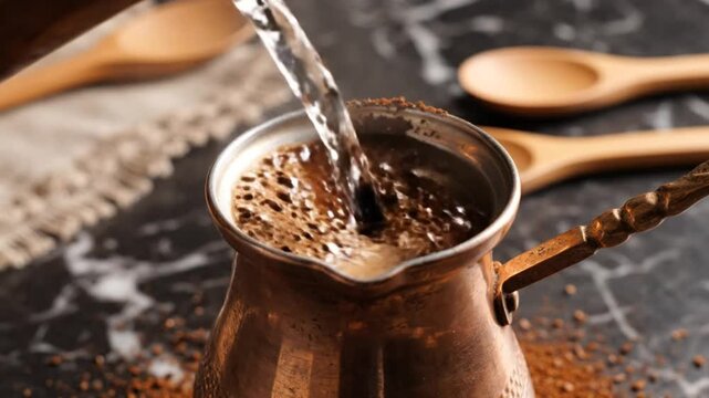 Brewing Turkish Coffee: Copper Cezve, Water Pour, Bubbling Coffee Drink, Delicious Aroma, Morning Ritual